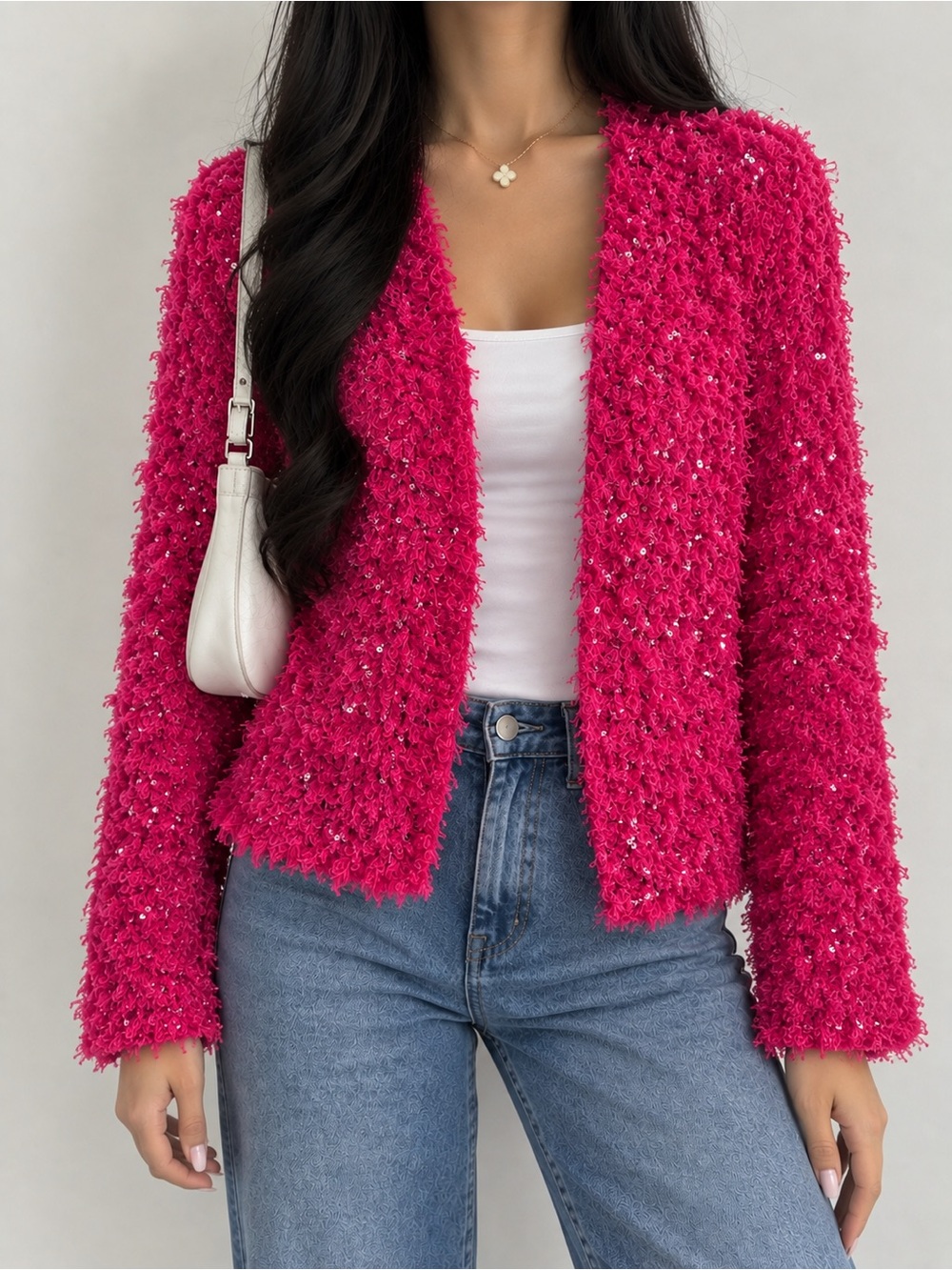 Hot Pink Fashion to Figure Shaggy Sequin Blazer